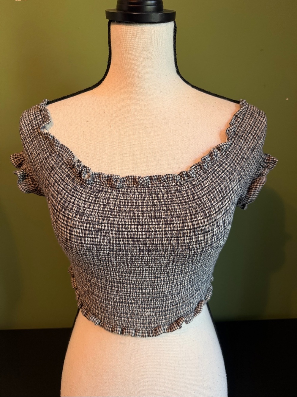 Ecote Black and White Smocked Ruffle Square-Neck Crop Top